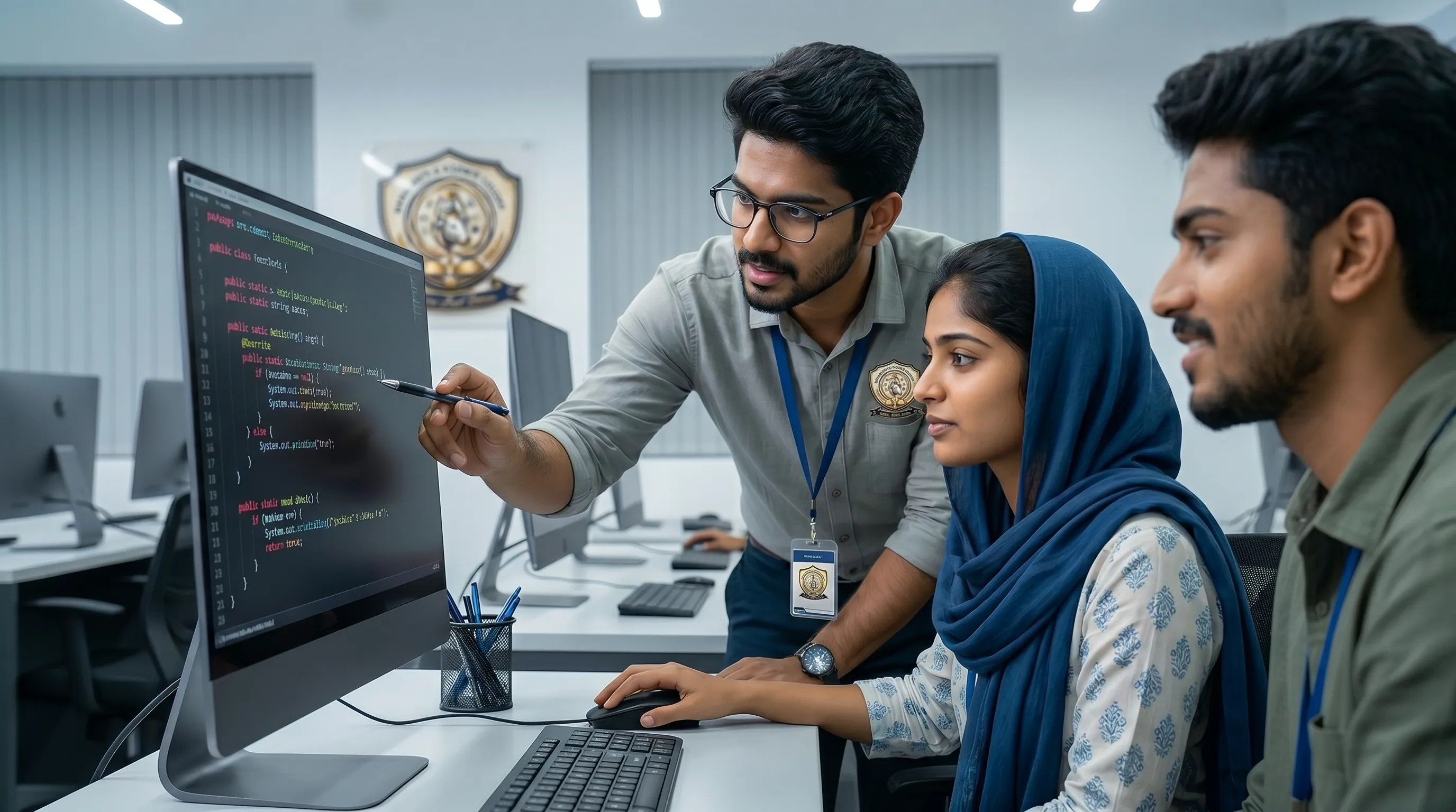 Computer science students working at lab workstations