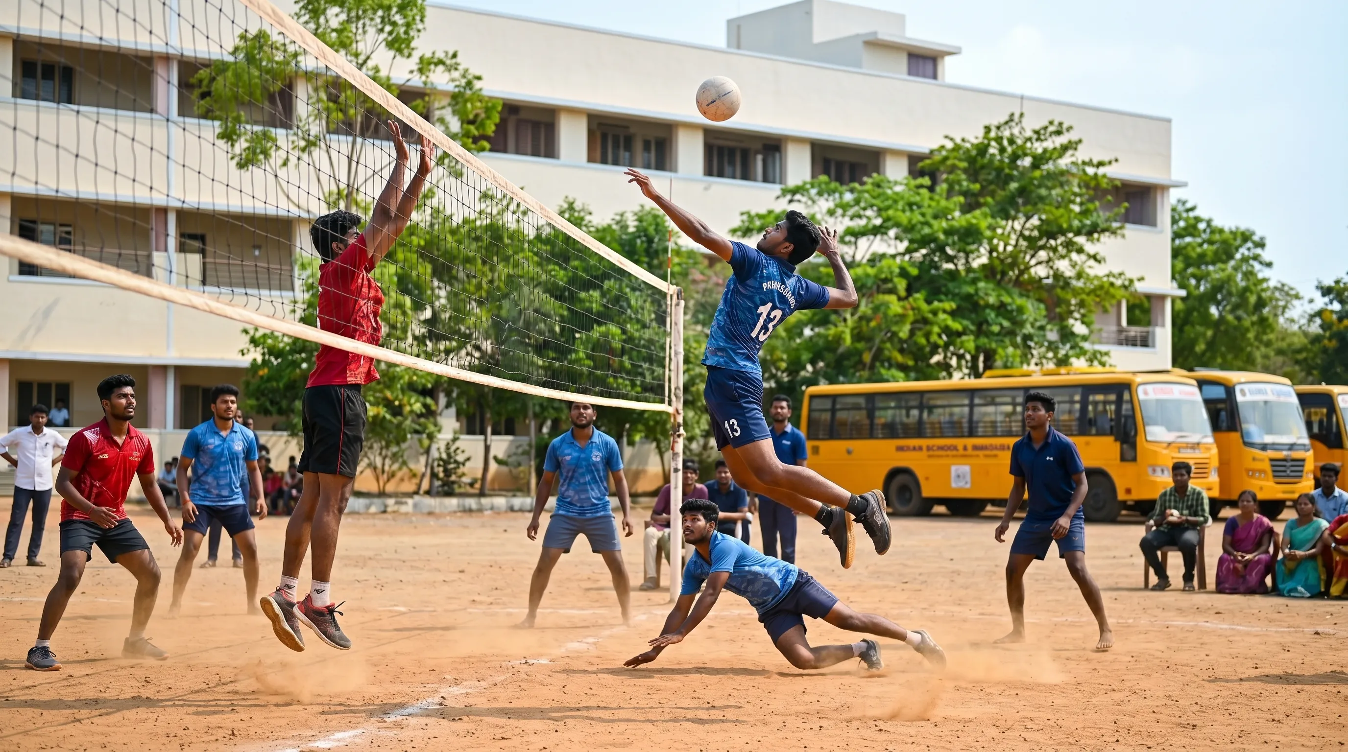 Volleyball match on campus sports ground